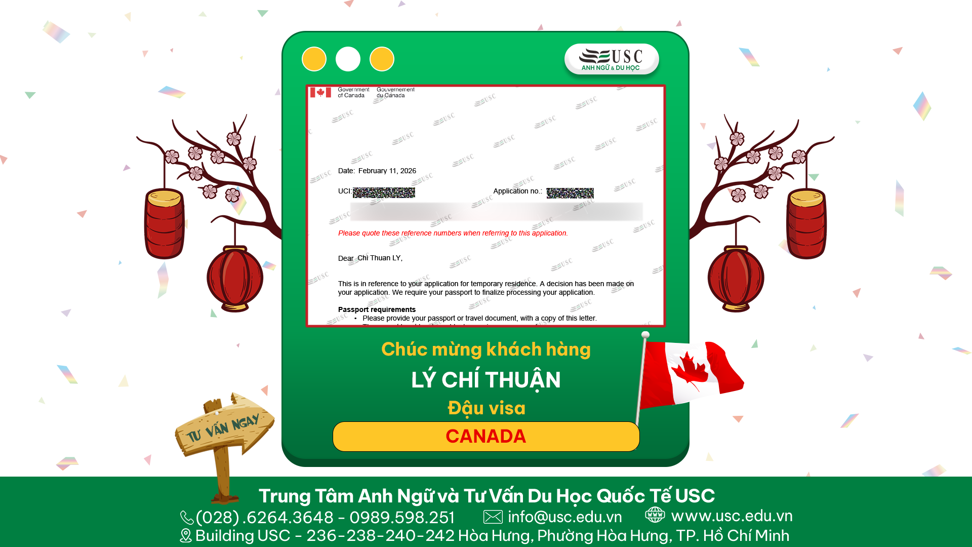 CHÚC MỪNG KHÁCH HÀNG CỦA USC ĐÃ ĐƯỢC LÃNH SỰ QUÁN CANADA CẤP VISA
