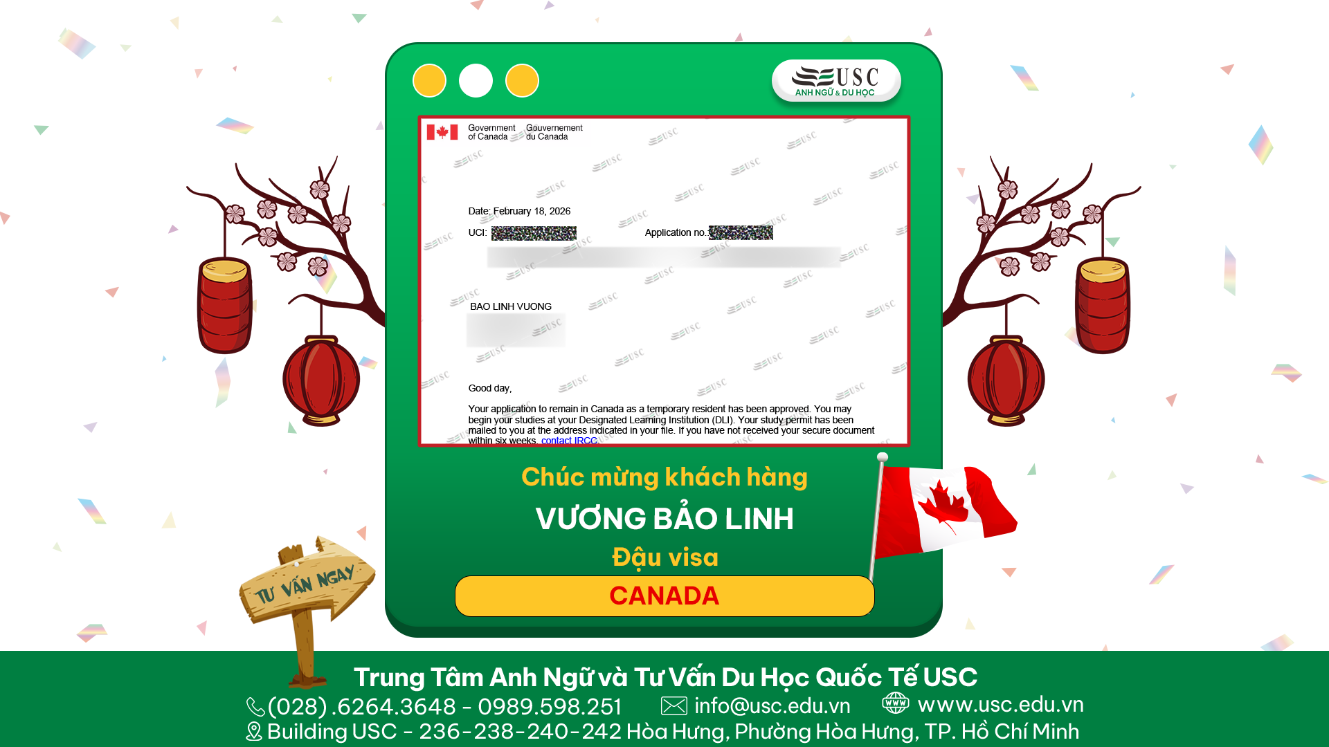 CHÚC MỪNG KHÁCH HÀNG CỦA USC ĐÃ ĐƯỢC LÃNH SỰ QUÁN CANADA CẤP VISA