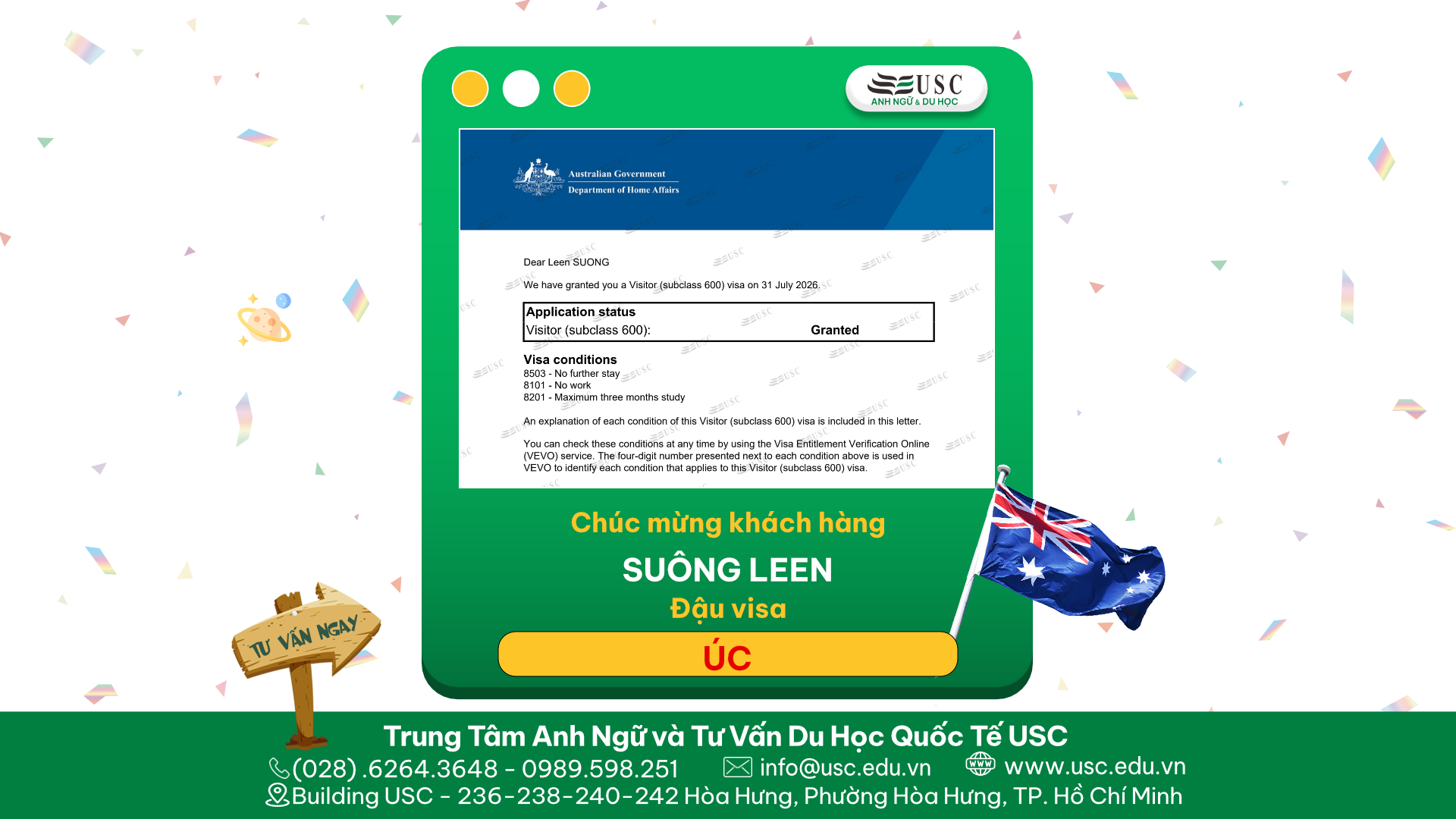 CHÚC MỪNG KHÁCH HÀNG CỦA USC ĐÃ ĐƯỢC LÃNH SỰ QUÁN ÚC CẤP VISA