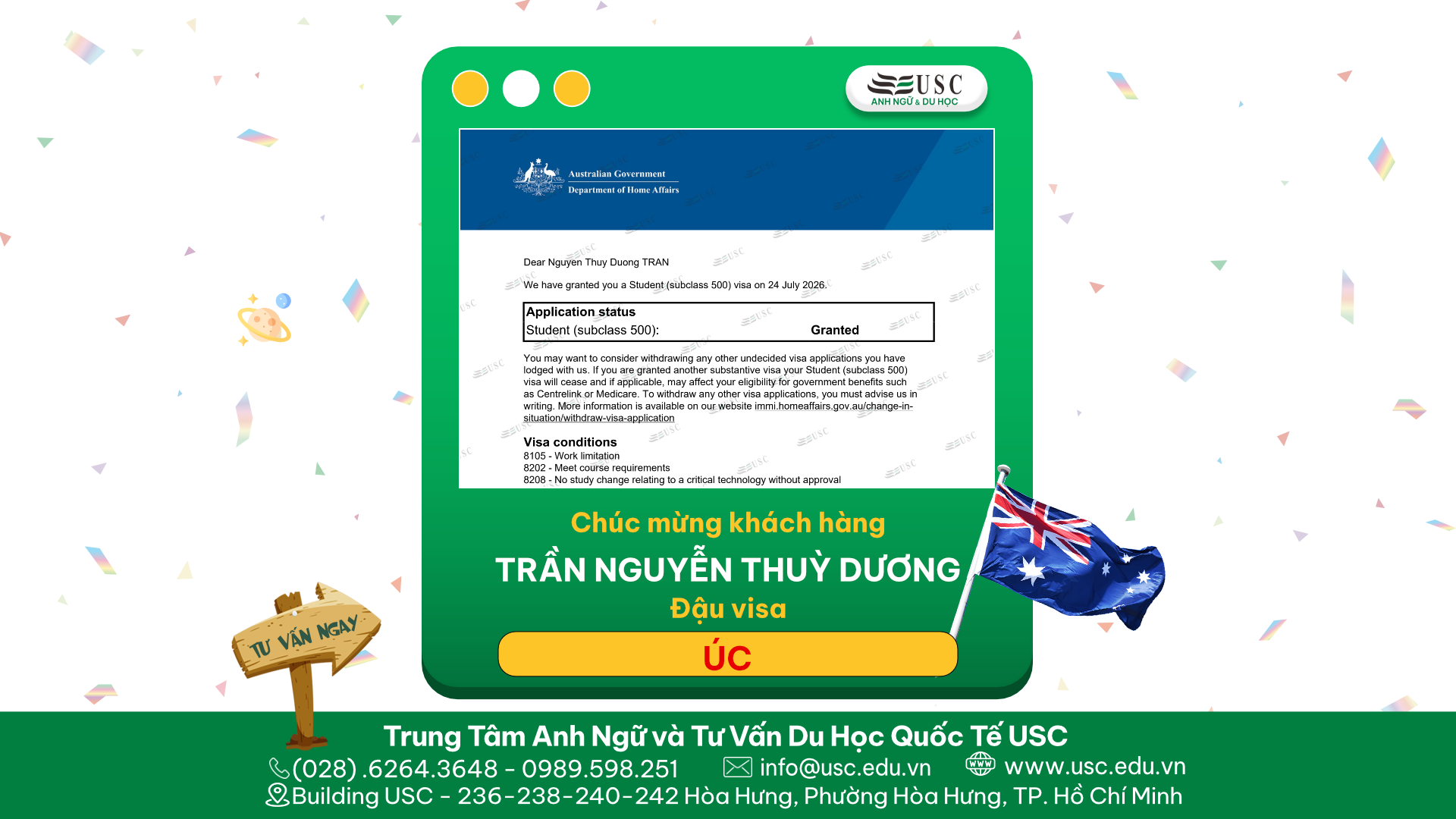 CHÚC MỪNG KHÁCH HÀNG CỦA USC ĐÃ ĐƯỢC LÃNH SỰ QUÁN ÚC CẤP VISA